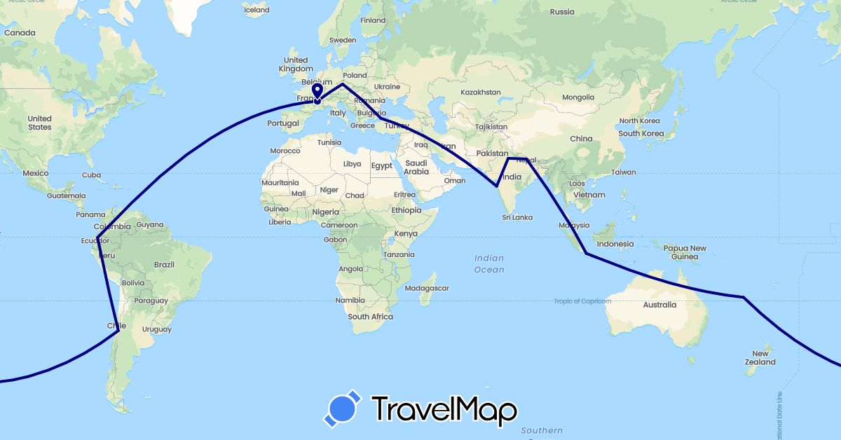 TravelMap itinerary: driving in Chile, Czech Republic, Ecuador, France, Indonesia, India, Malaysia, New Caledonia, Nepal, Turkey (Asia, Europe, Oceania, South America)